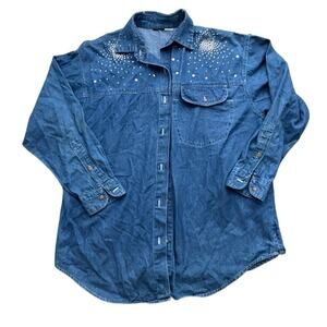 Vintage Star Embroidered Denim Chambray Shirt L